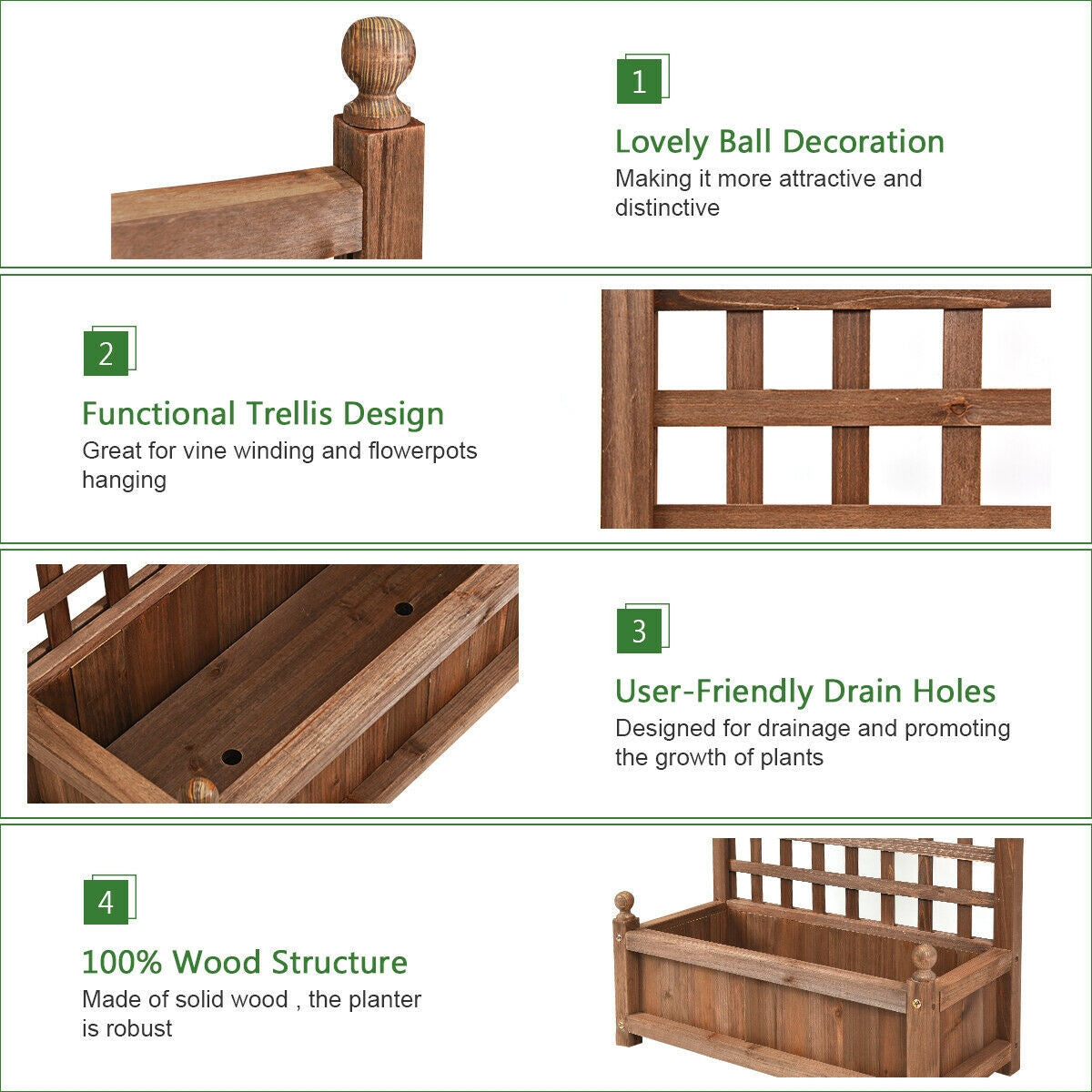 Solid Wood Planter Box with Trellis Weather-resistant Outdoor